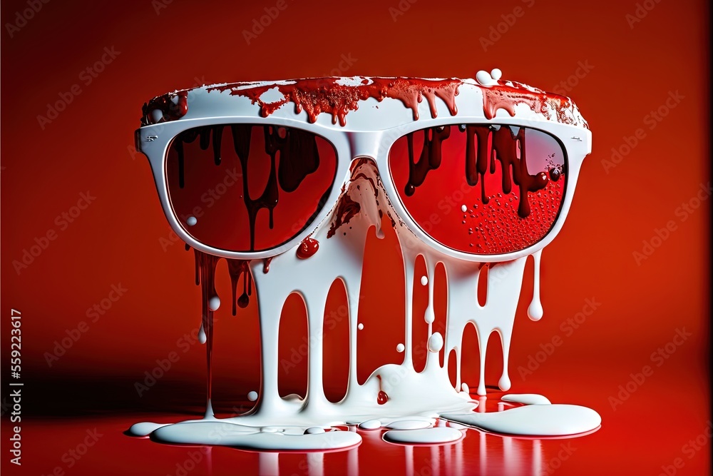 Poster a pair of glasses with blood dripping down them on a red background with a black frame around them a