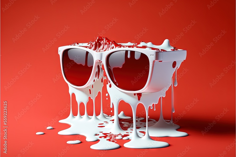 Poster a pair of sunglasses with red tinted lenses are melting on a red background with white drops of pain