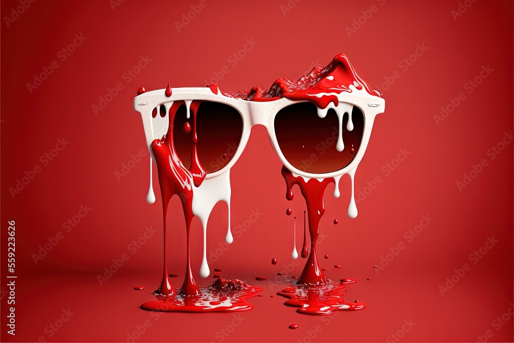 Poster a pair of sunglasses with red paint dripping on them and a red background with a red background and 