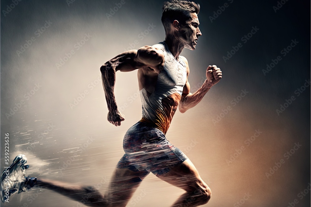 Poster a man running in the rain with a splash of water on his face and legs, in a photo with a black backg