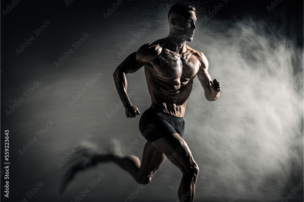 Poster a man running in the dark with a lot of dust behind him and a black background behind him and a whit