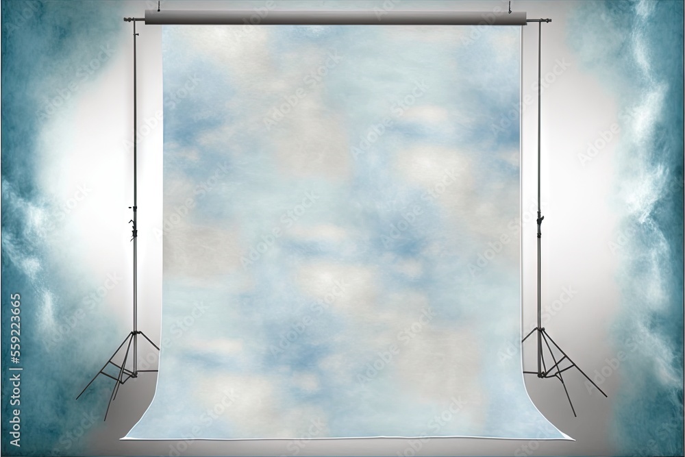 Poster a photo studio with a backdrop and lighting equipment for a photo shoot with clouds in the backgroun