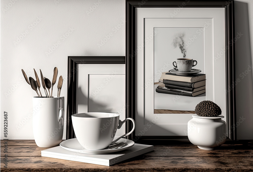 Poster a picture of a coffee cup and a stack of books on a table with a vase and a picture of a book on it 