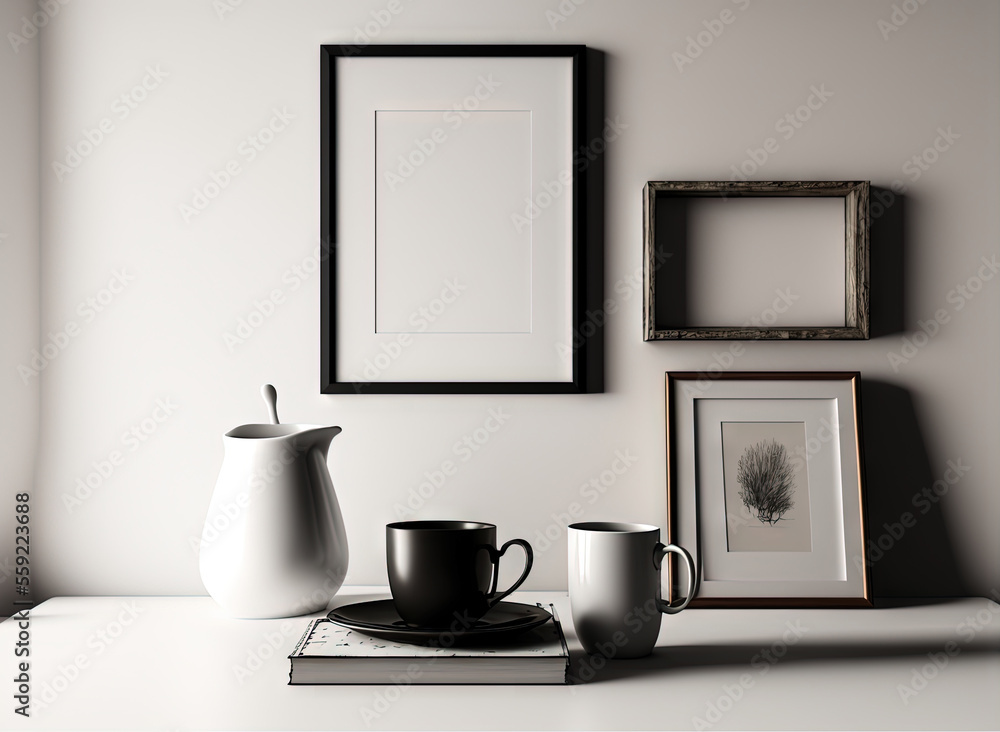 Poster a white table topped with two cups and a framed picture on the wall above it and a book on the table