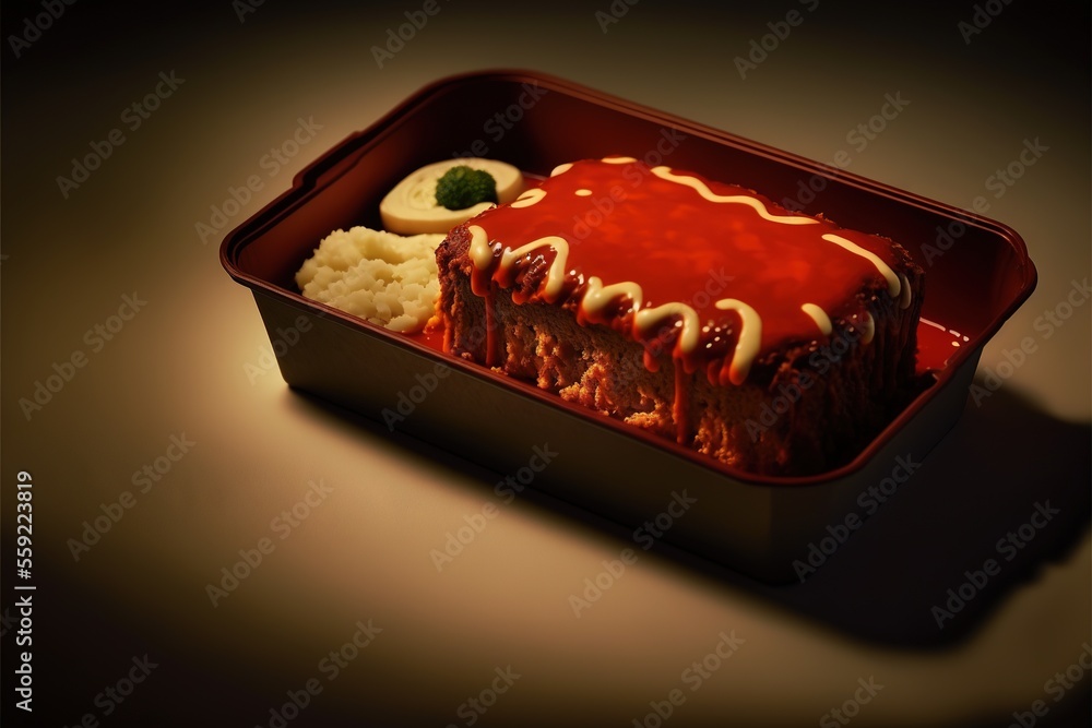 Poster a red container filled with a dessert covered in sauce and toppings on top of mashed potatoes and gr