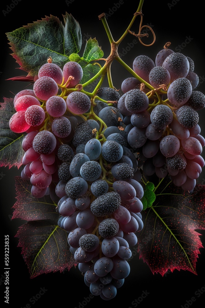 Poster a bunch of grapes with leaves on a black background with a red light behind them and a black backgro
