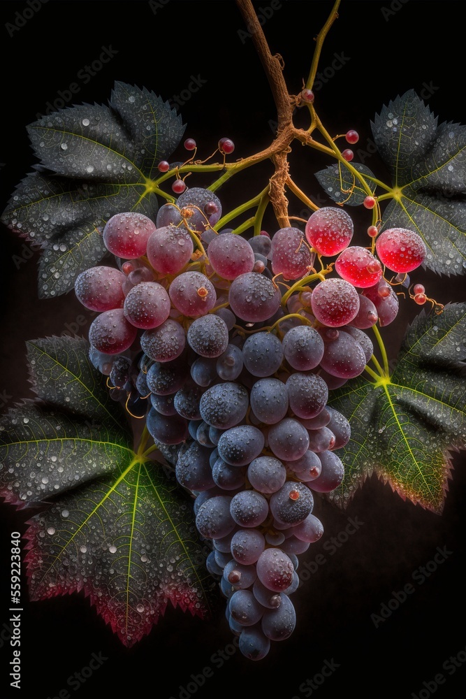 Poster a bunch of grapes with leaves and drops of water on them on a black background with a black backgrou