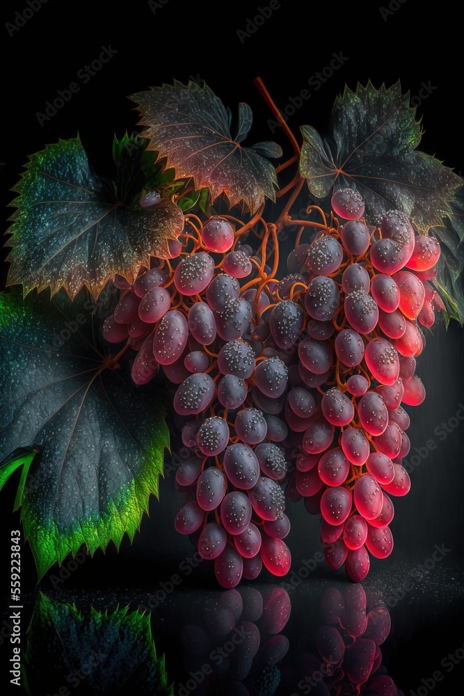 Poster a bunch of grapes with leaves on a black background with a reflection of them on the ground and a bl