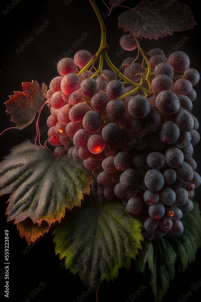 Poster a bunch of grapes with leaves on a black background with a red light in the middle of the picture an
