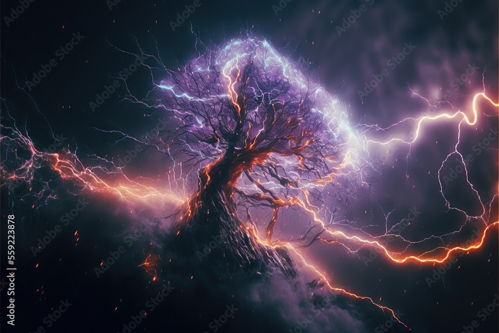 Poster a tree with a lot of lightning in the background of a picture of a tree with a lot of lightning in t