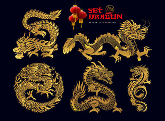 Collection of Traditional Chinese Dragon. Big set of black asian dragons. Happy Chinese New Year 2024 year of the gold dragon zodiac sign with asian elements golden paper cut style. Vector. © Anatoliy