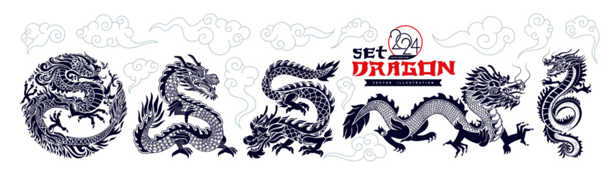 Traditional Chinese Dragon. Set of black asian dragons. Happy Chinese New Year 2024 year of the dragon zodiac sign with asian elements black and white paper cut style. Vector Illustration.