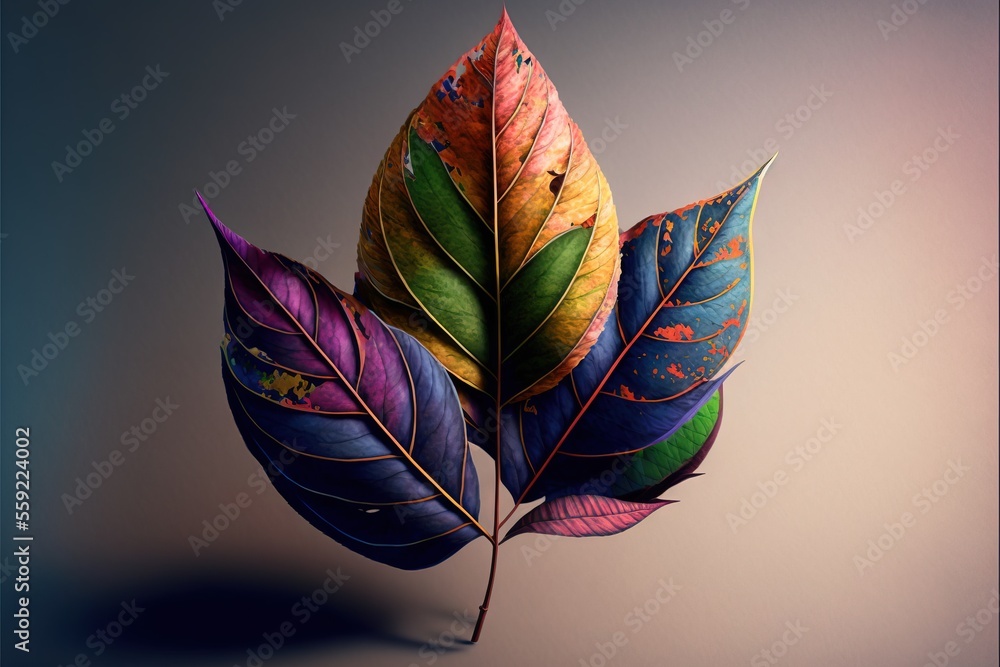 Poster a colorful leaf is shown on a gray background with a blue background behind it and a light blue back