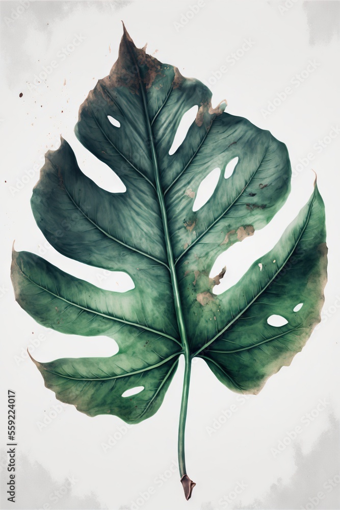 Aufkleber a large green leaf with holes in it's center on a white background with a small red spot in the cent