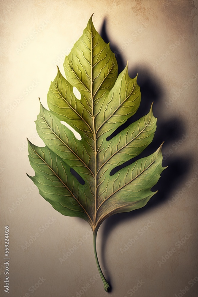 Poster a green leaf with a shadow on a wall behind it that is casting a shadow on the wall behind it is a s