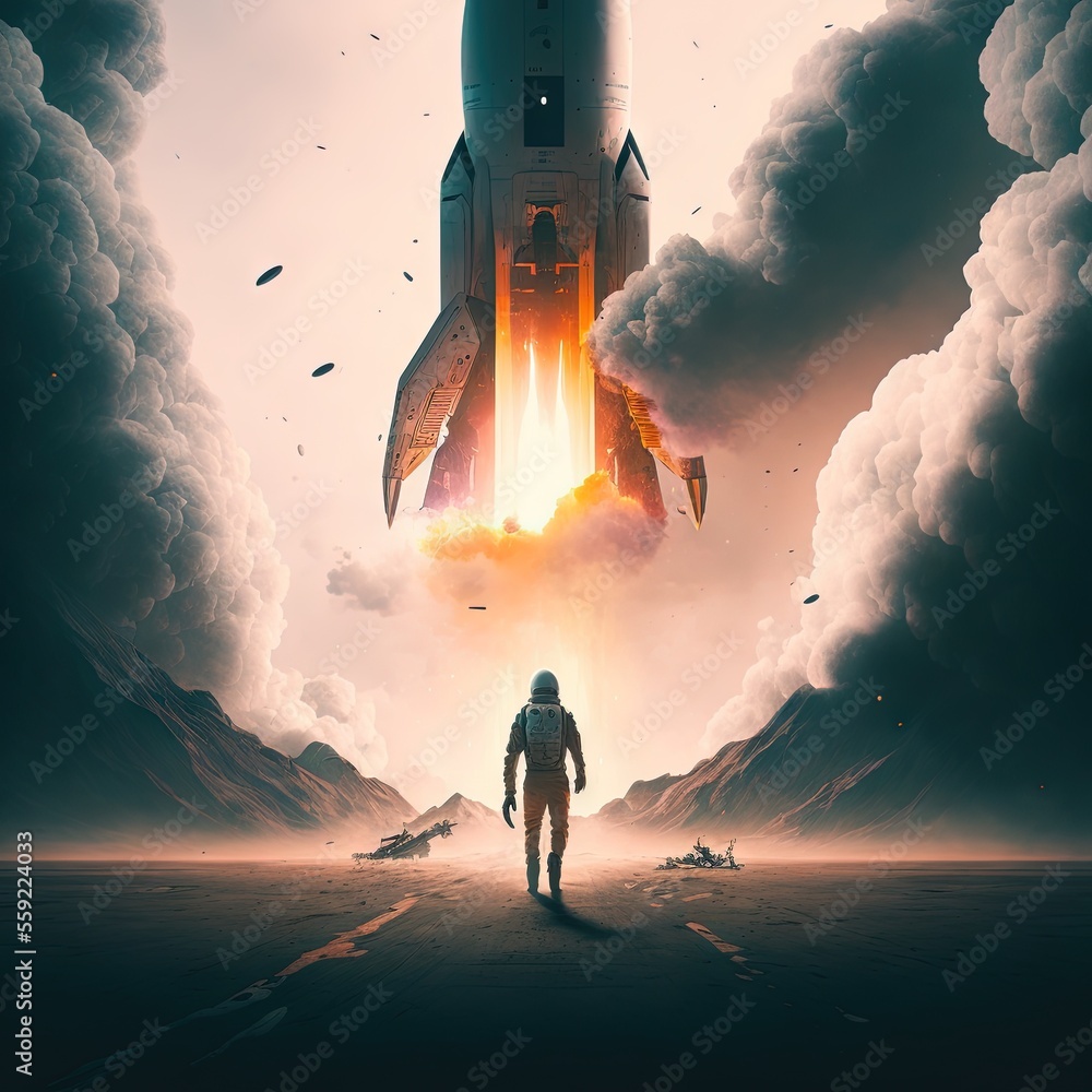 Poster a man standing in front of a space shuttle in the sky with clouds and birds flying around him and a 