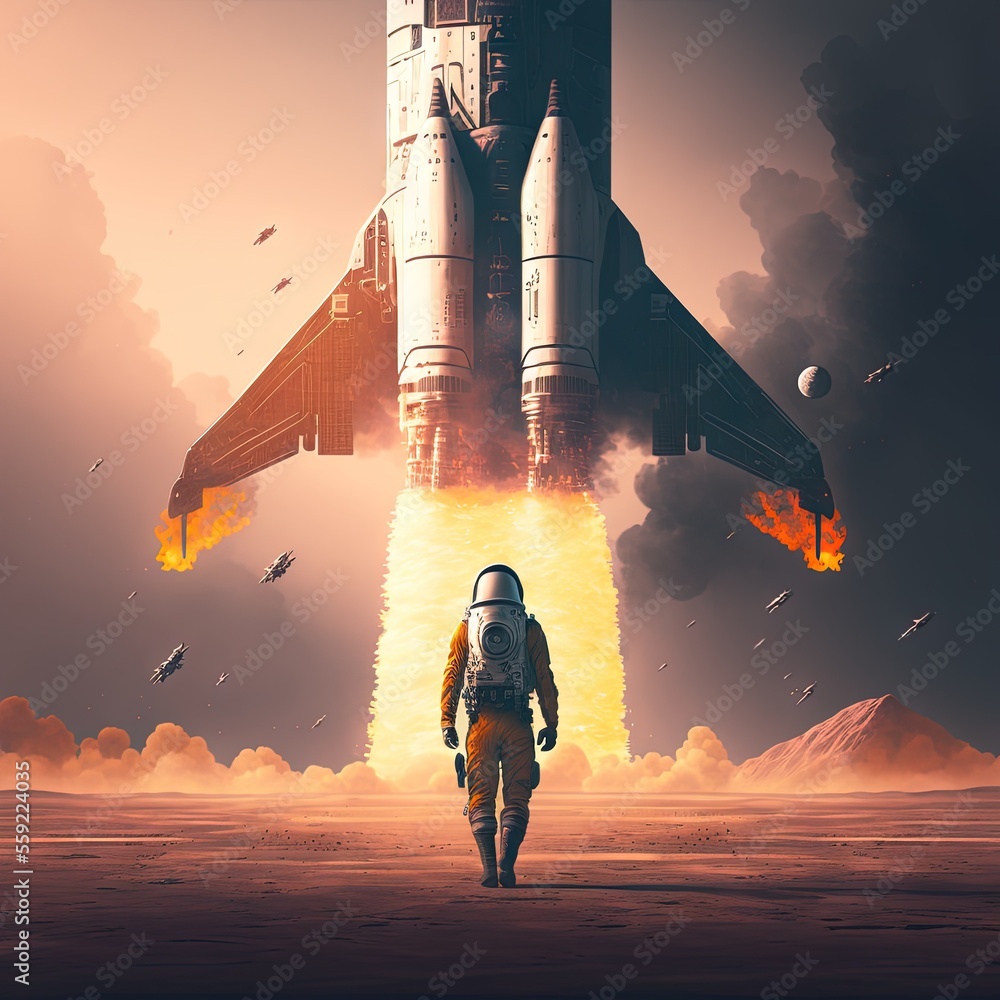 Poster a man walking towards a space shuttle on a desert landscape with a rocket in the background and a bu