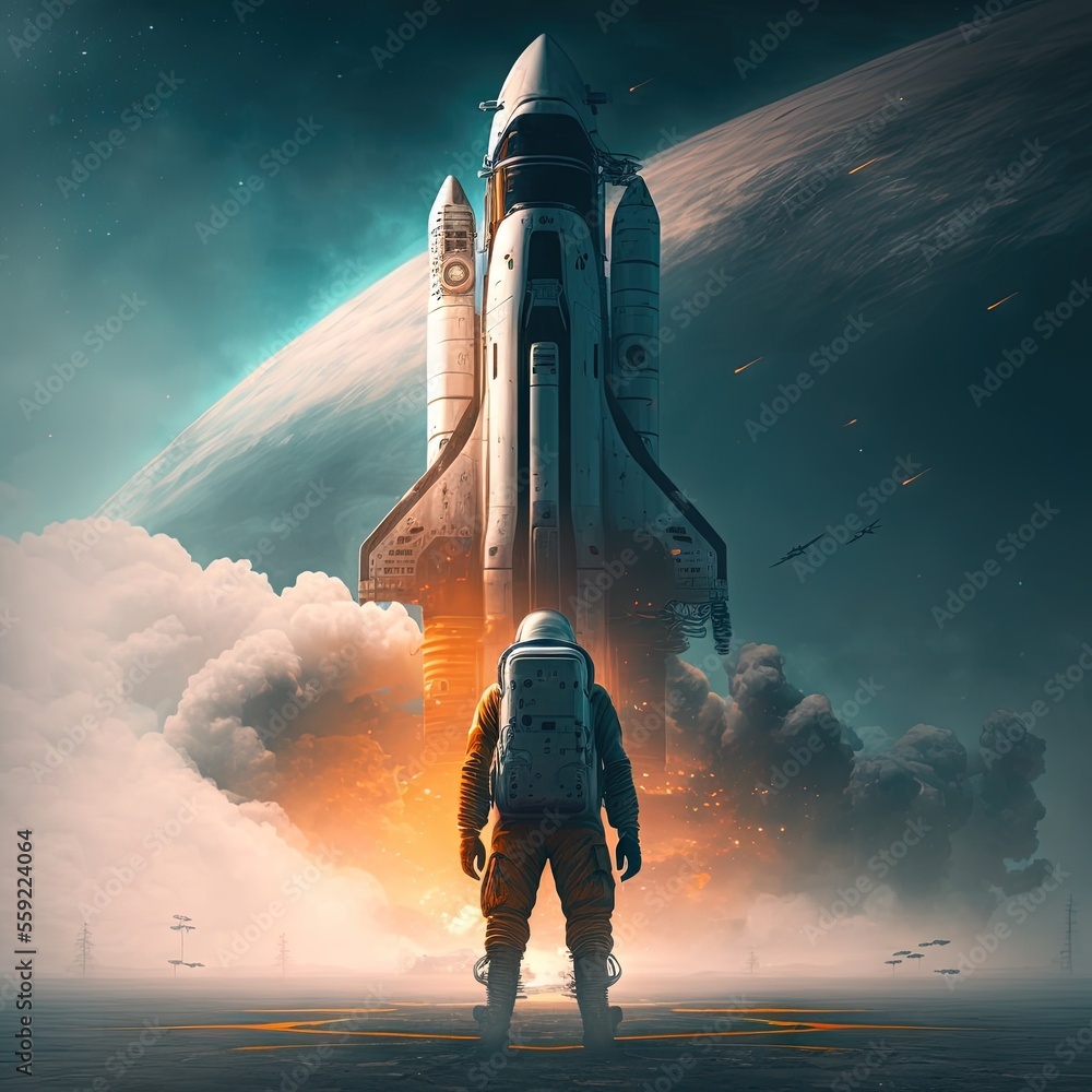 Poster a man standing in front of a space shuttle in the sky with clouds and a planet in the background wit