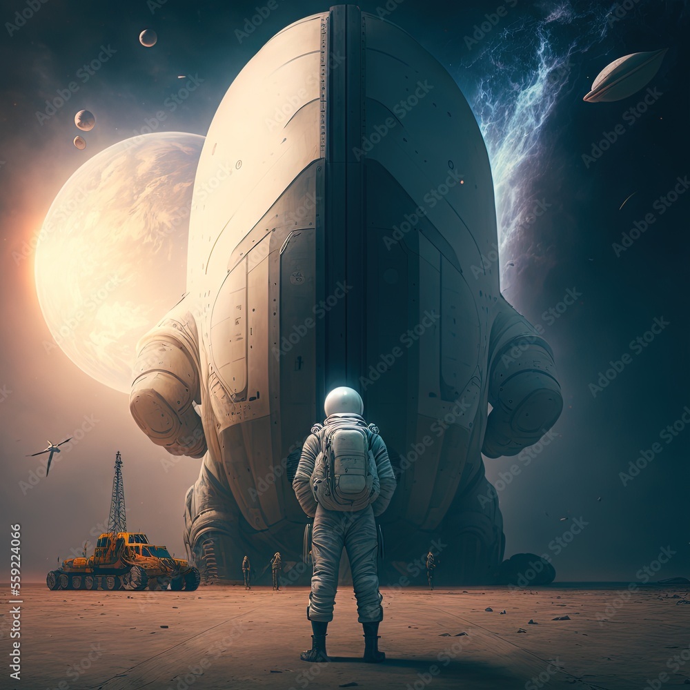 Poster  a man in a space suit standing in front of a giant object with a space shuttle in the background and a space shuttle in the foreground with a rocket on the ground and a., generative ai