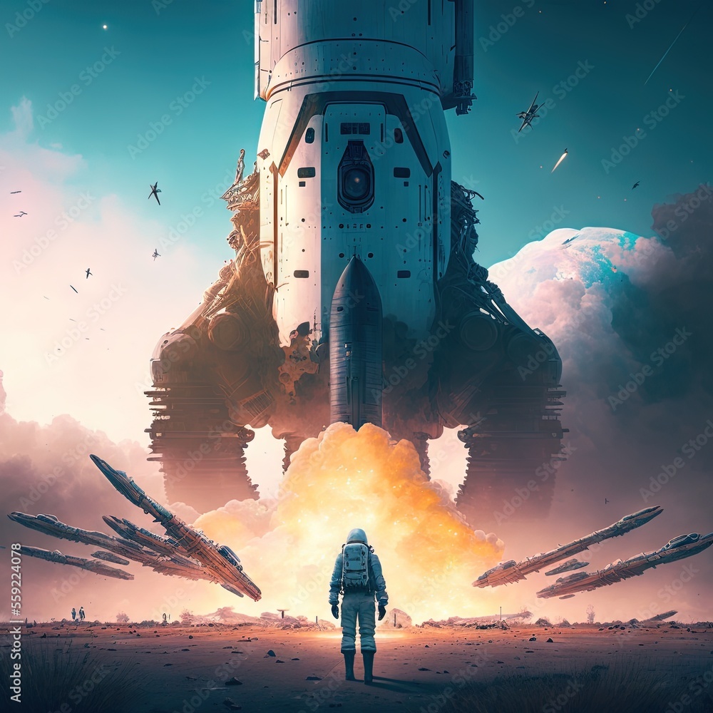 Poster a man standing in front of a space ship with a rocket in the background and a bunch of rockets flyin