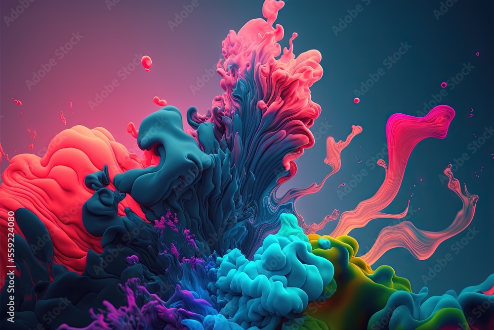 Poster a colorful liquid substance is floating in the air and creating a colorful wave of color on a blue b