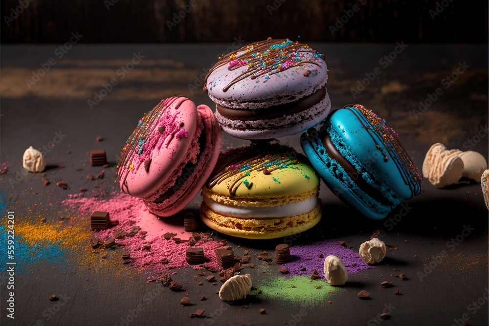 Poster a pile of colorfully decorated macaroons sitting on top of a table next to a pile of chocolate chips