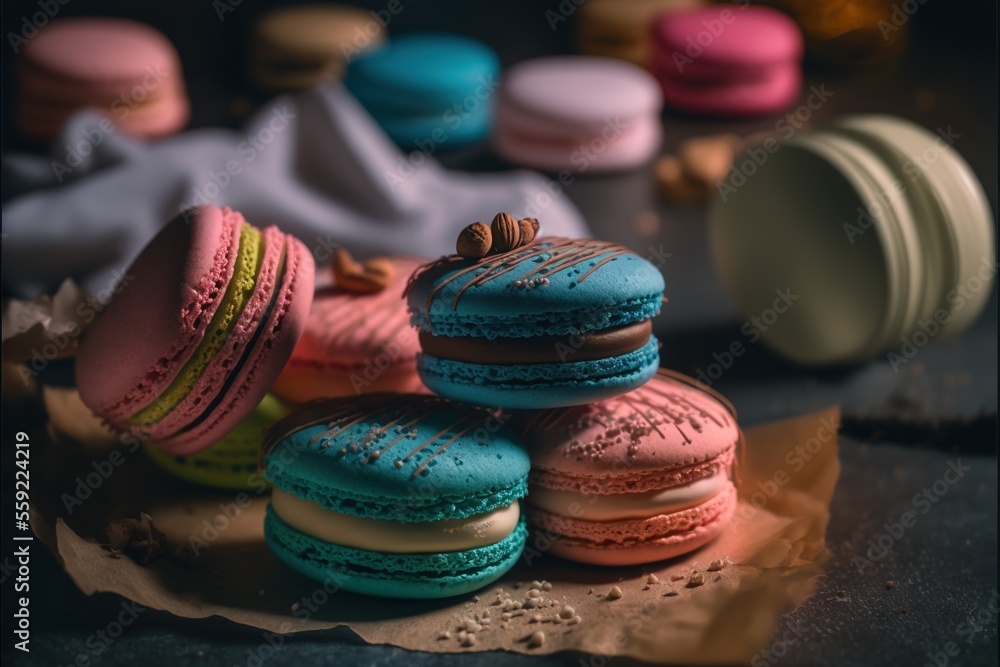 Poster a pile of colorful macaroons sitting on top of a table next to a napkin and a cupcake on a plate wit