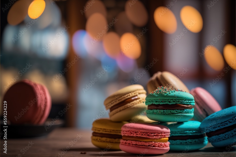 Poster a pile of colorful macaroons sitting on top of a table next to a plate of macaroons on a table top o