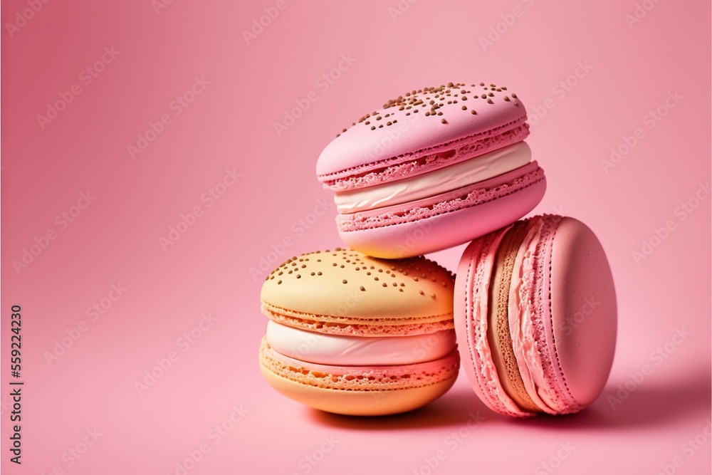 Poster a pink background with three macaroons stacked on top of each other on a pink surface with a pink ba