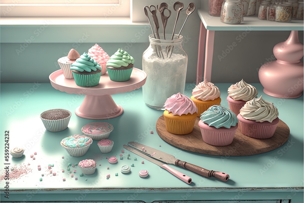 Poster a painting of cupcakes and other cupcakes on a table with a vase of icing and a knife and spoons on 