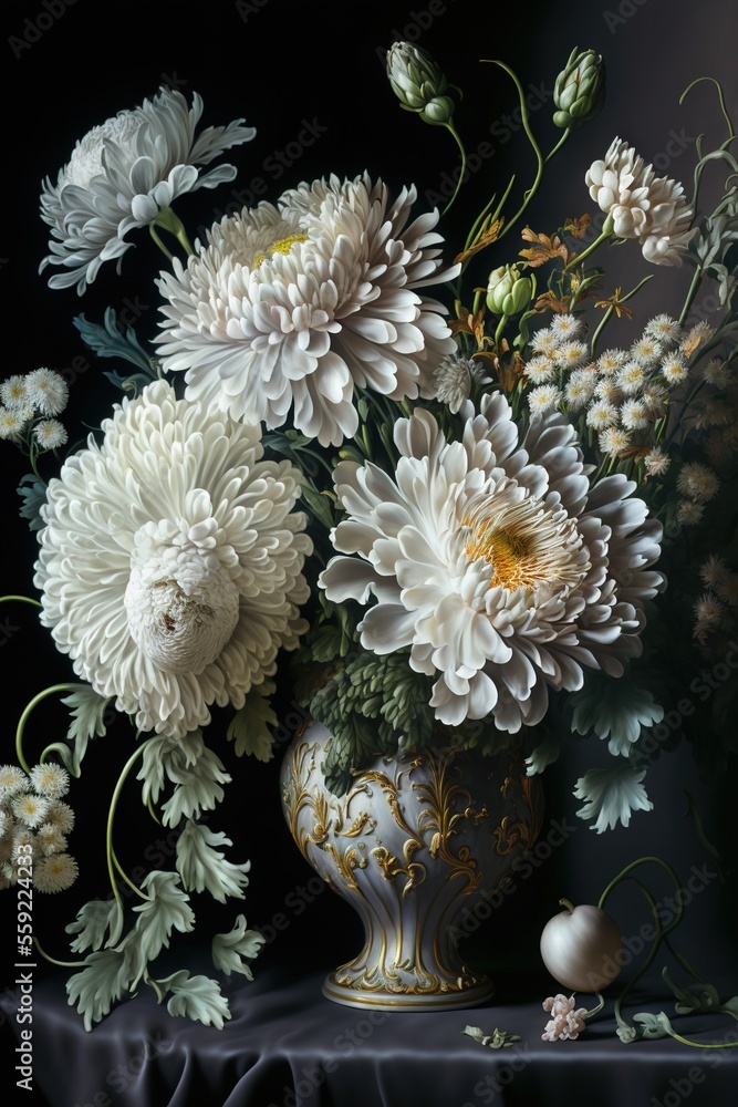 Aufkleber a painting of a vase with flowers in it on a table with a black background and a white egg on the ta