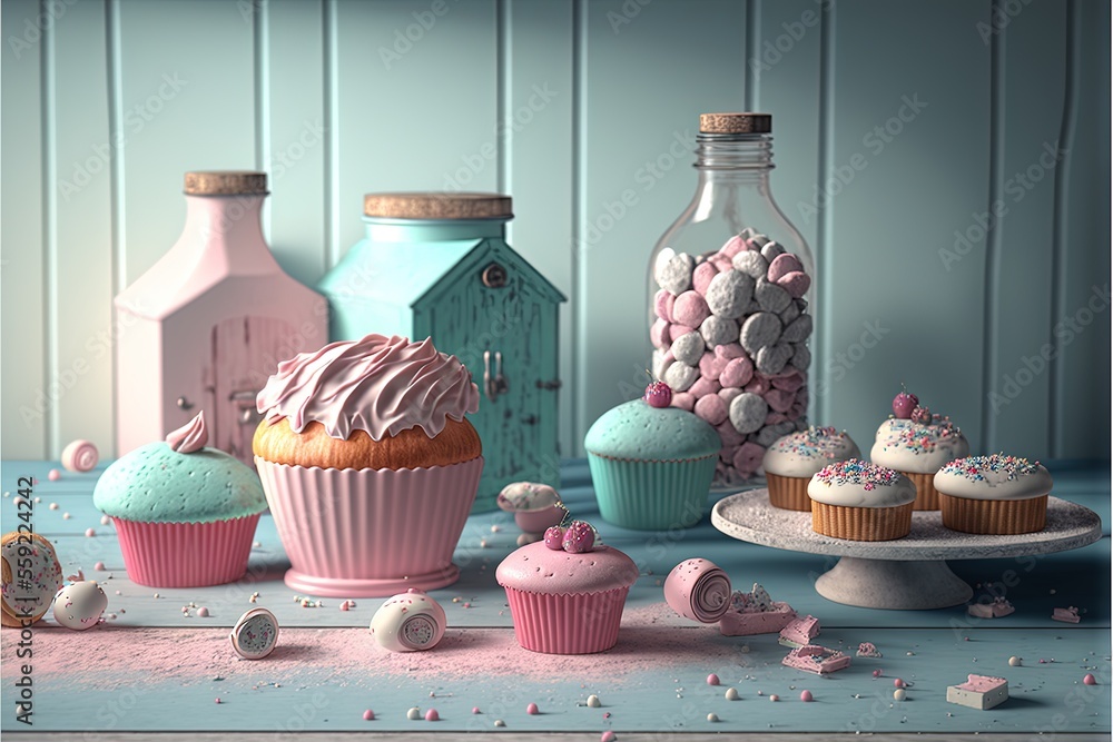 Poster a table topped with lots of cupcakes and a bottle of milk next to it on a table top next to a plate 
