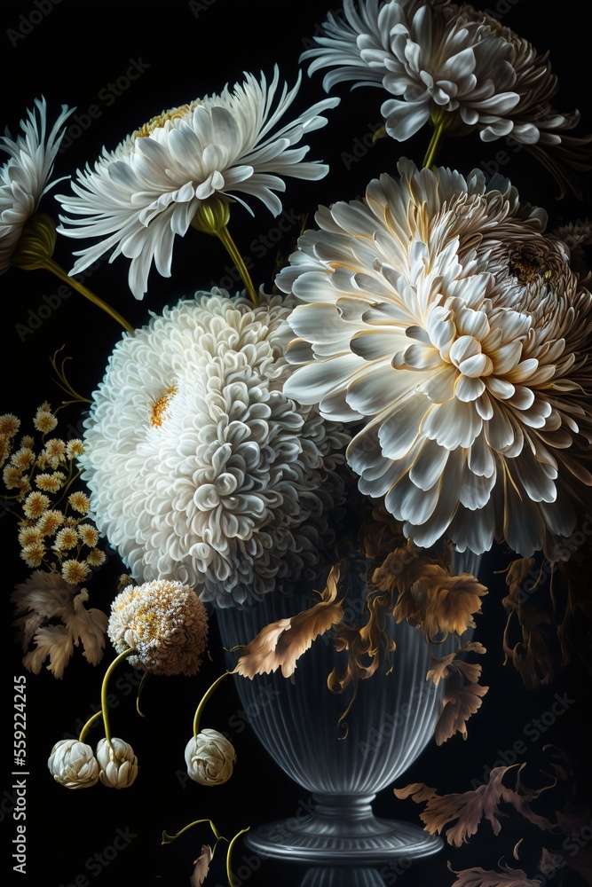 Poster a painting of flowers in a vase on a table top with leaves and acorns on the table top and a black b