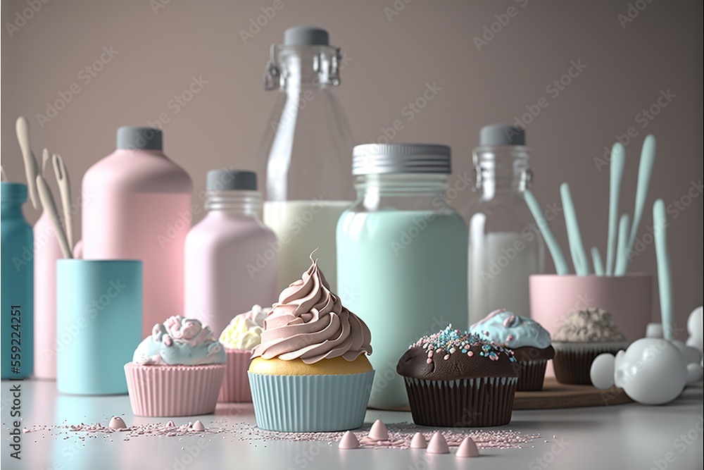 Poster a table topped with lots of cupcakes and bottles of liquid and sugar on top of it and a wooden tray 