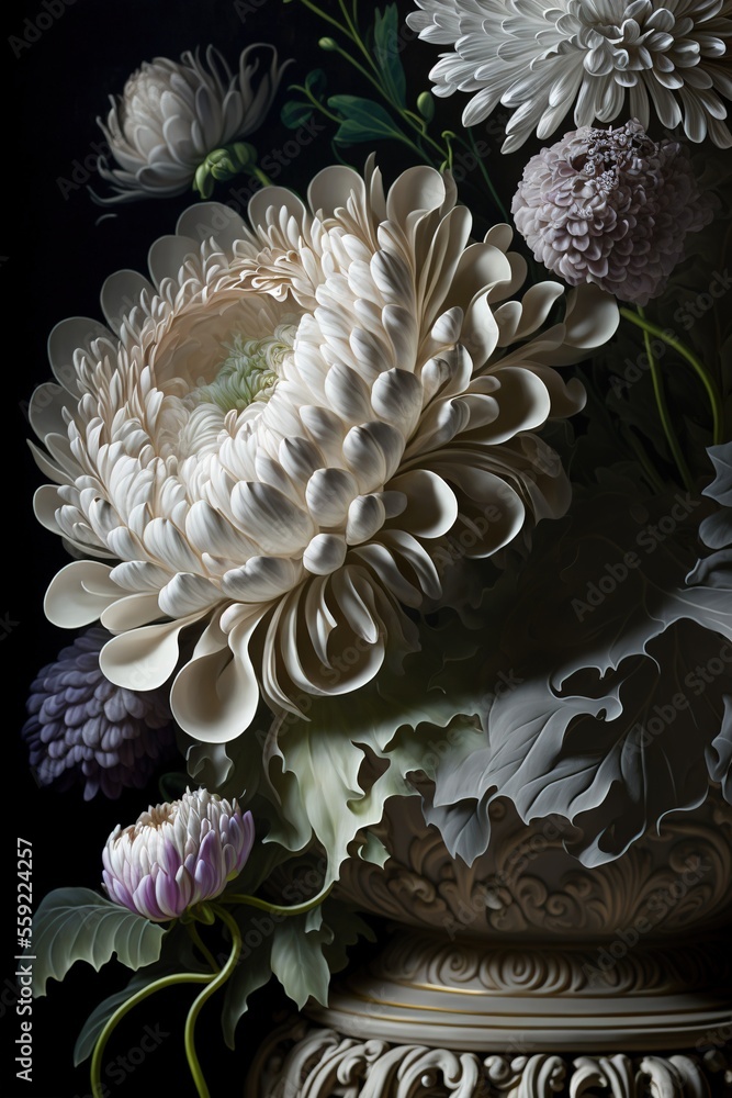 Poster a vase with flowers in it on a table top with a black background and a white vase with flowers in it