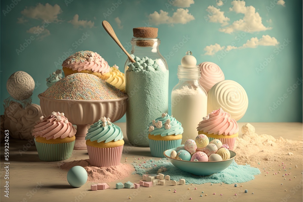 Poster a table topped with lots of cupcakes and cakes next to a bottle of milk and a bowl of candy and a bo