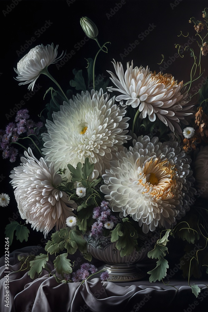 Poster a painting of a vase filled with white flowers on a table cloth covered table cloth with a vase of f