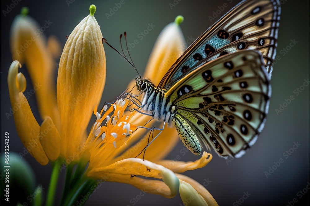 Poster a butterfly sitting on a flower with a black background and a yellow flower in the foreground with a