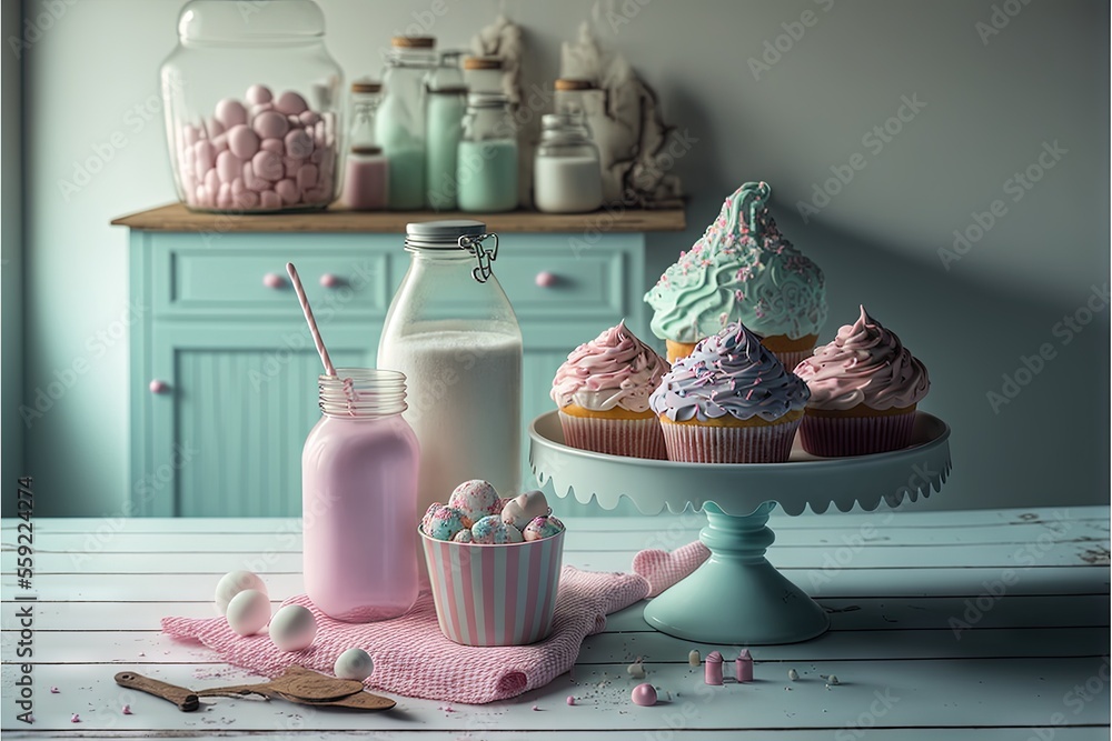 Poster a table topped with cupcakes and a milk bottle filled with frosting next to a cake stand with a milk