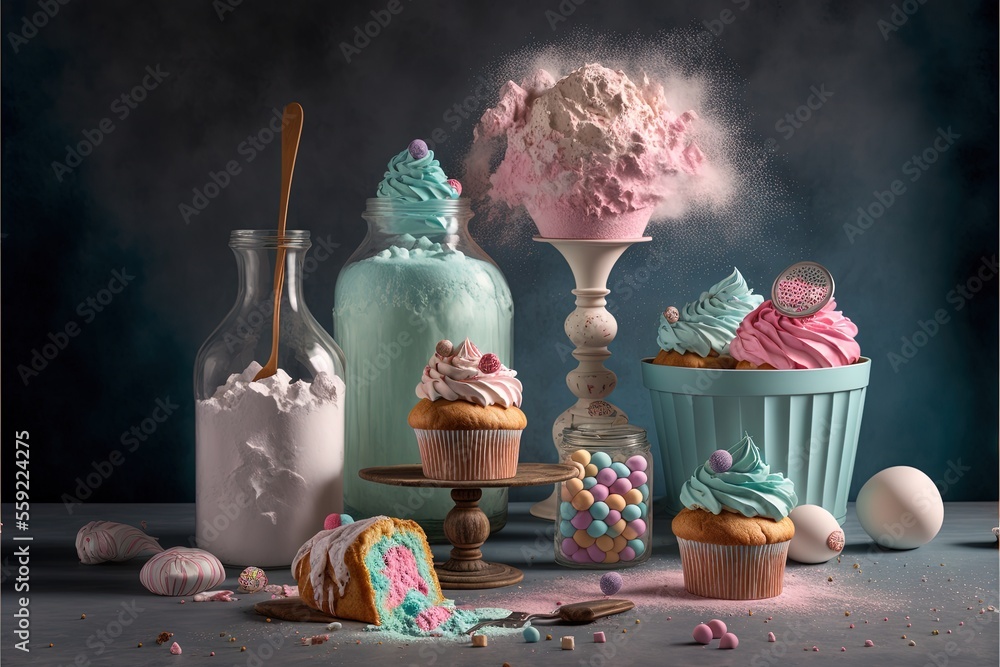 Poster a table topped with cupcakes and other desserts next to bottles of milk and a vase filled with frost