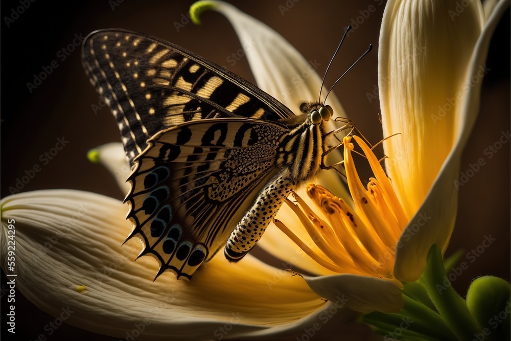 Poster a butterfly sitting on a flower with a dark background and a yellow flower in the foreground with a 