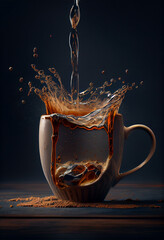 Cup with coffee being poured, coffee and milk splashes