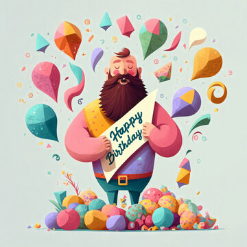 A man with a beard. Colroful birthday card. Generated AI image