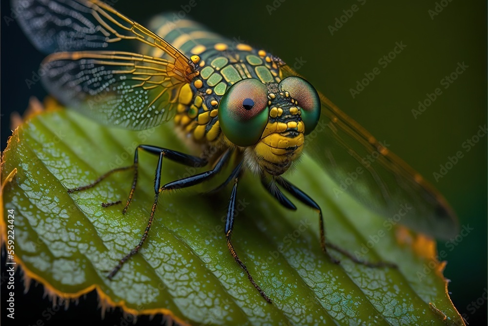 Poster a close up of a green and yellow insect on a leaf with a black background and a green background wit