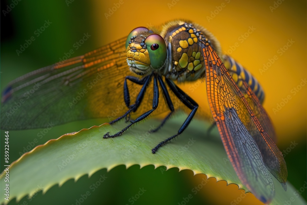 Poster a close up of a dragonfly on a leaf with a yellow background and a green background with a yellow bo