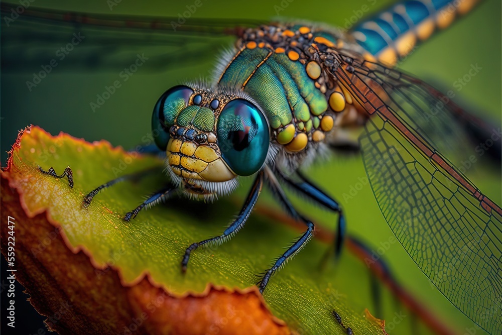 Poster a close up of a dragonfly on a leaf with a green background and a yellow stripe on the wings and hea