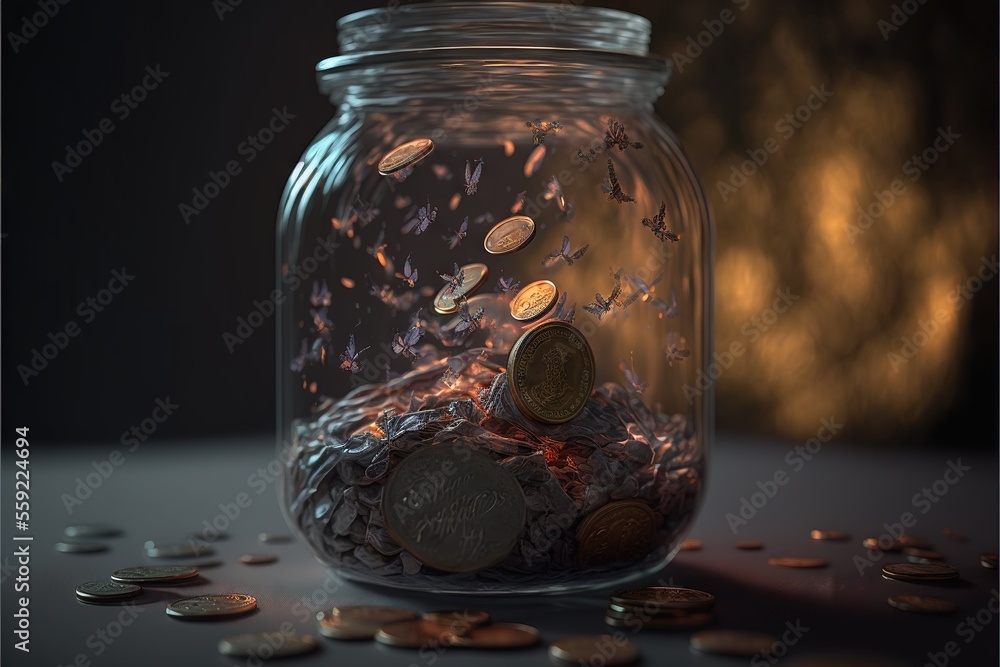 Poster a jar filled with coins and a few coins on the table next to it is a lit up light and a dark backgro