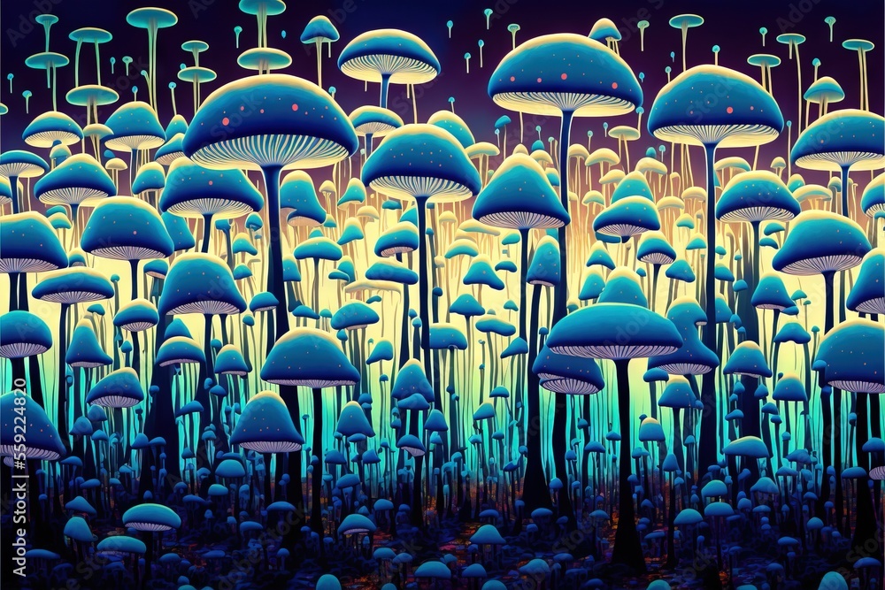 Poster a painting of a field of blue mushrooms with a yellow glow on them and a black background with a blu