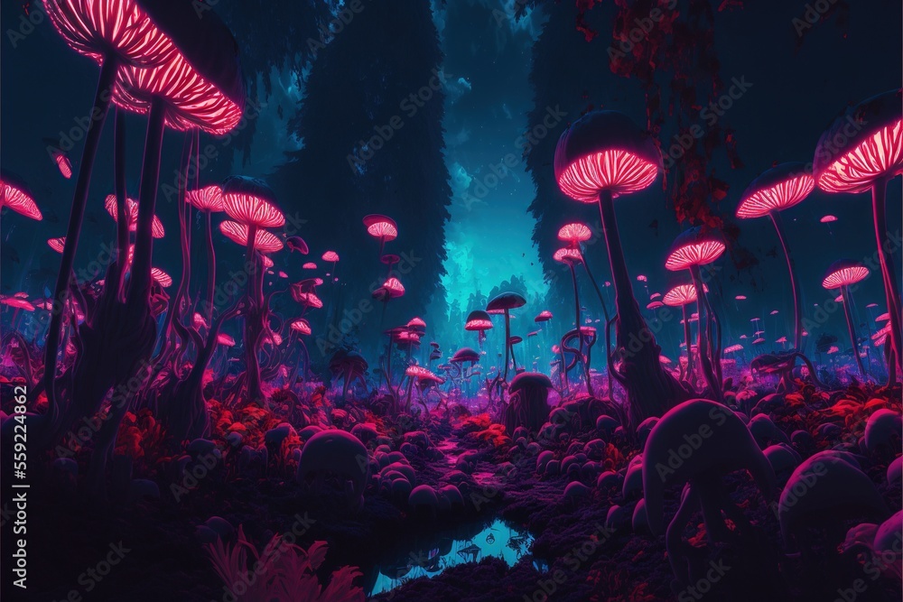 Poster a group of mushrooms in a forest with a pond in the middle of it at night time with bright lights on