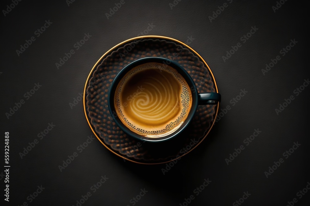 Poster a cup of coffee on a saucer on a black table top with a pattern on it and a spoon in the middle of t